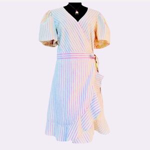 DRAPER JAMES ~ Off White Ruffled Wrap Dress with Pink and Green Stripes size XL